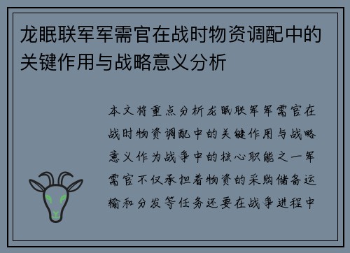 龙眠联军军需官在战时物资调配中的关键作用与战略意义分析